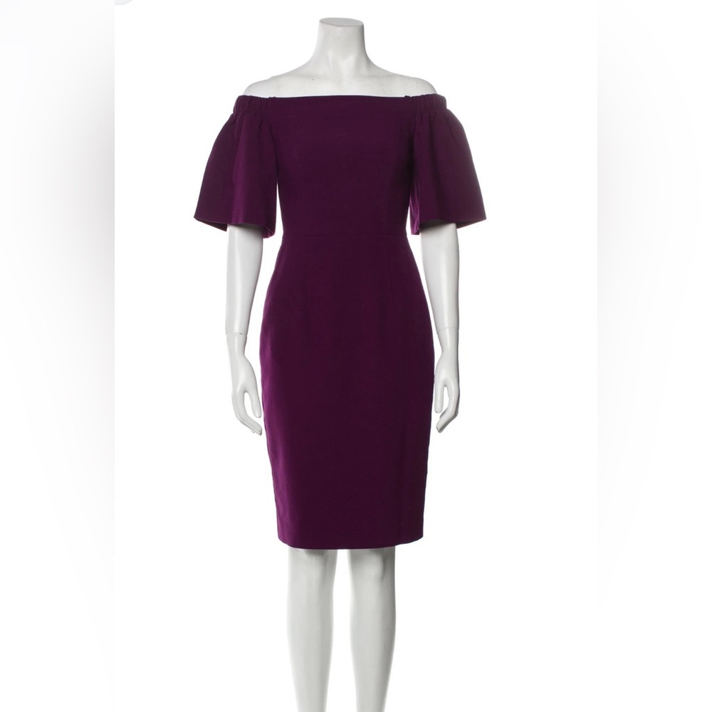 Black Halo Varla off-shoulder sheath knee-length dress, plum, size 8